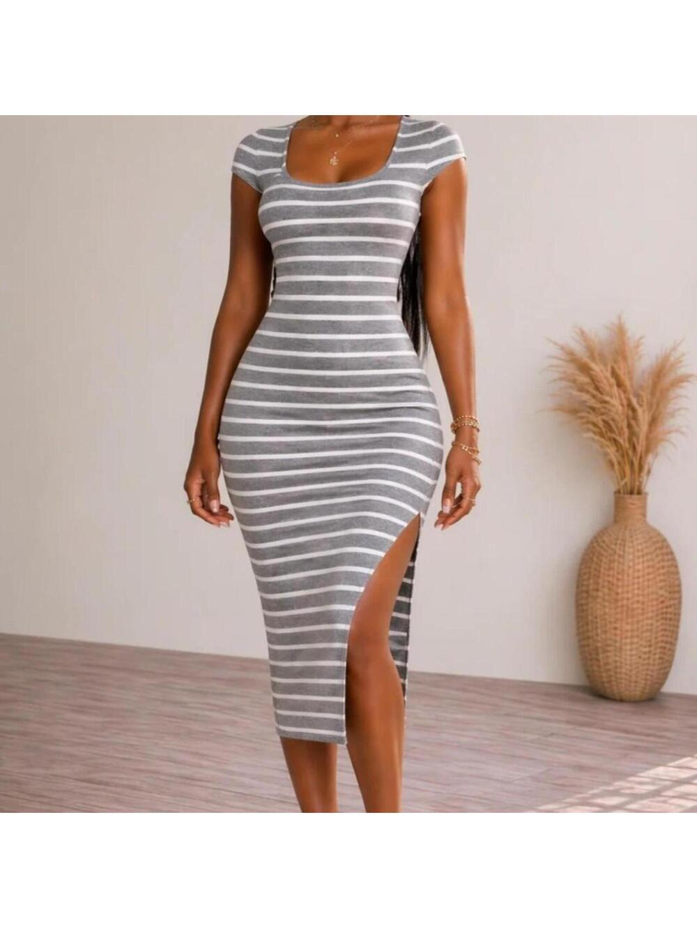 Gray & White Striped Midi Dress